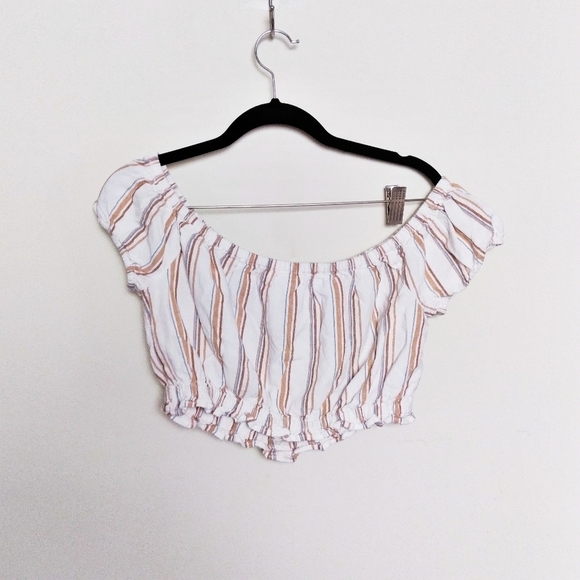 Aeropostale Striped Linen Blend Off the Shoulder Crop Top Size Medium - Picture 2 of 7